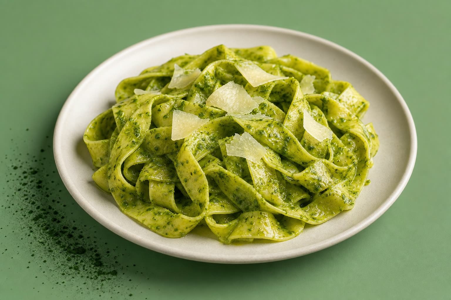 A plate of green Spinach Pasta with parmesan